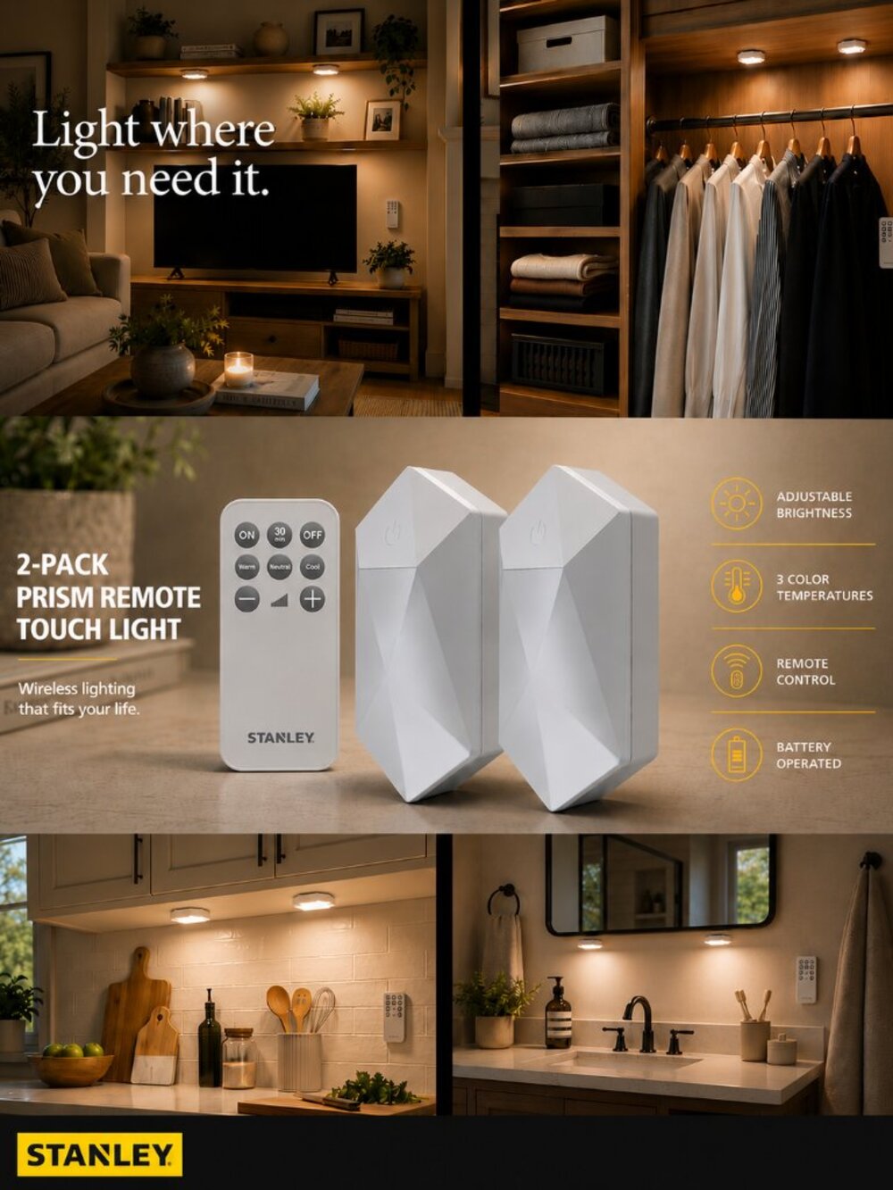 STANLEY Under Cabinet LED Lights 2-Pack Wireless Remote Closet Kitchen Light